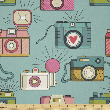 Retro Fabric by The Yard, Cheerful Hipster Pattern Old Analogue Photo Cameras Doodle Style Film Equipment, Microfiber