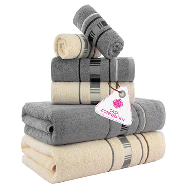 X Line 6Pcs 100% Egyptian Cotton Large Designer Towels Gift Set- Silver Grey - Cream, 600 GSM, 2Bath 2Hand