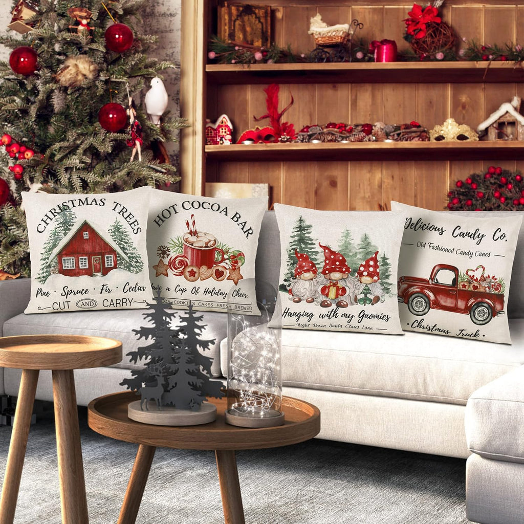 Christmas Throw Pillow Covers 18x18, Merry Christmas Tree Gnome Red Truck Candy Cane Xmas Farmhouse - Set of 4