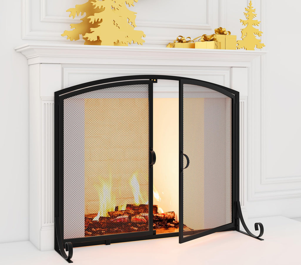 Fireplace Screen with Doors, 35" W x 28" H, Heavy Duty Solid Steel Frame, Wrought Iron Spark Guard, Baby Proof