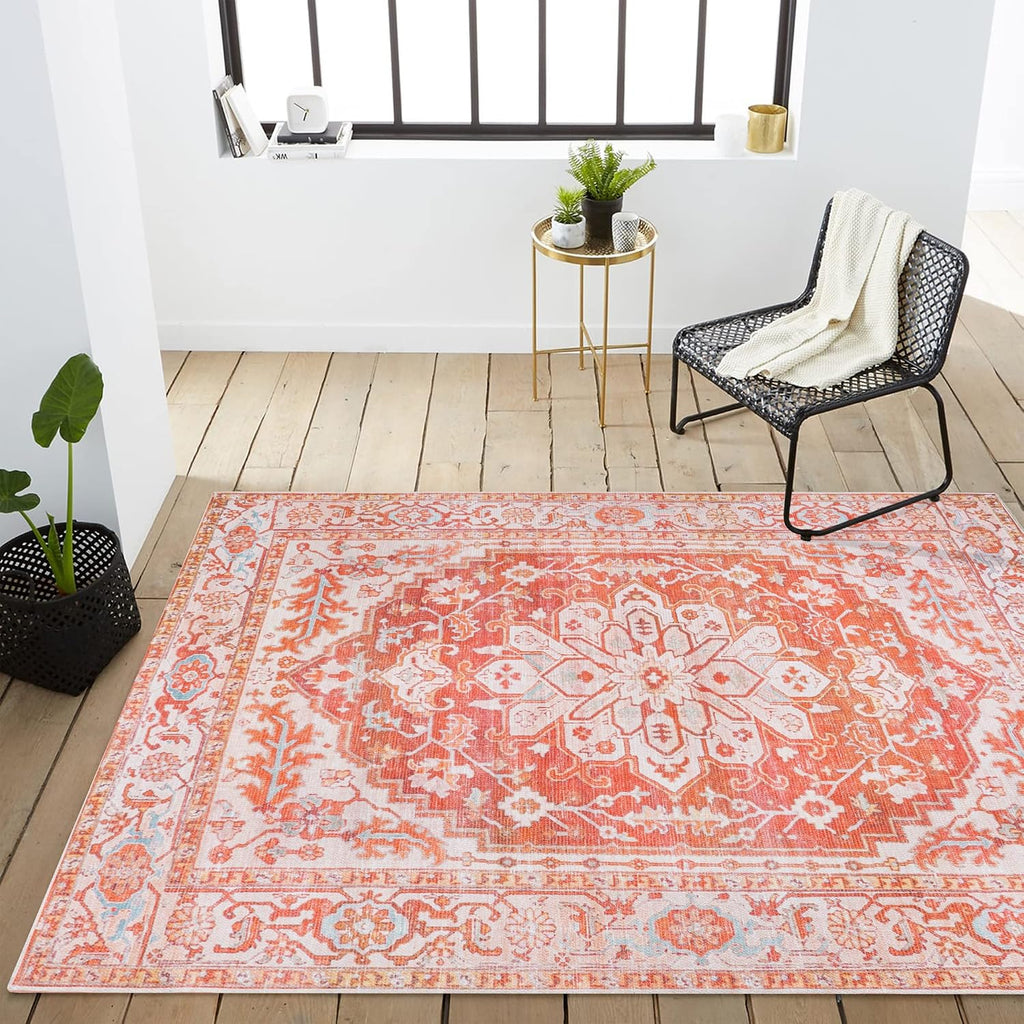 Machine Washable Orange/Cream Indoor Area Rug, ASA Ornate Medallion, Easy-Cleaning, High Traffic
