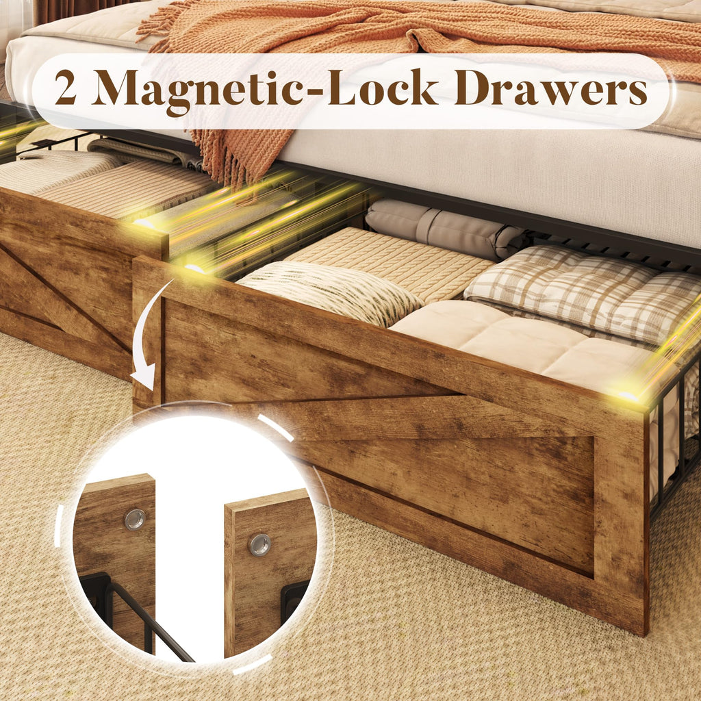 Bed with Farmhouse Storage Headboard, Bed with 2 Storage Drawers and Fast-Charging Station and Led Light