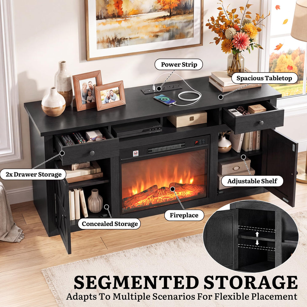 59" TV Stand with Electric Fireplace, Power Strips, Black