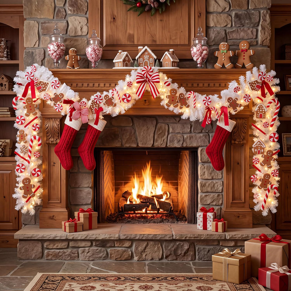 6.56 ft Gingerbread Christmas Garland for Front Door with Light