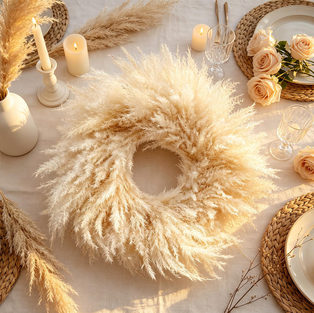 23'' Natural Pampas Grass Wreath for Indoor Decor, Handmade Dried Boho Wreath for Front Door or Wall, Rustic