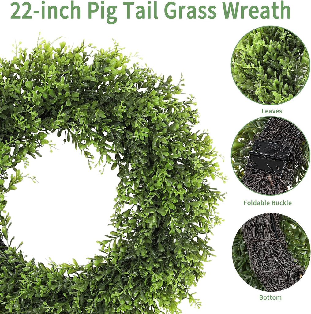 22inch Artificial Boxwood Wreath for Front Door, Spring Summer Wreath Faux Greenery Leaves Wreath for Front Door Wall