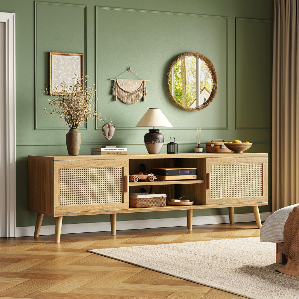 Boho TV Stand for 65 Inch TV, Entertainment Center with Adjustable Shelf, Rattan TV Console with 2 Cabinets, Media