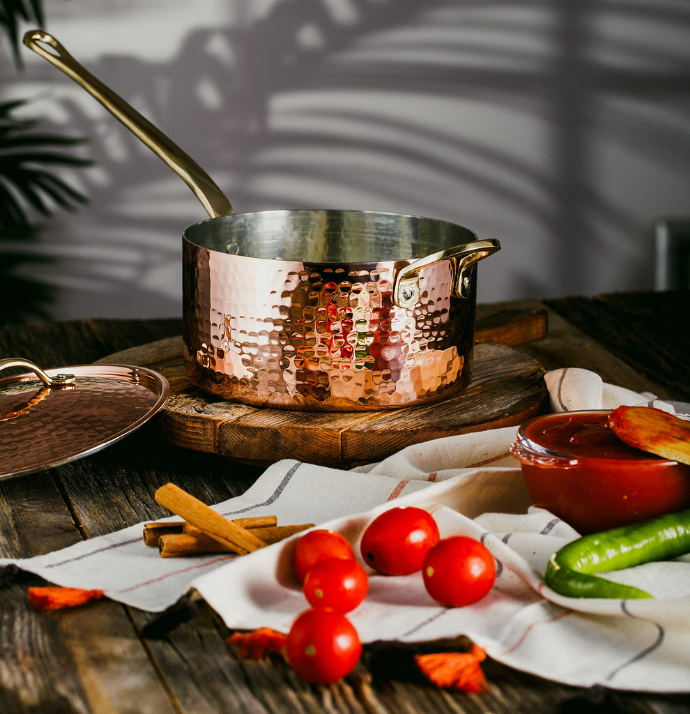 1.2mm Thick Hammered Uncoated Copper Saucepan with Lid & Helper Handle, Food-Safe Tin Lined (1.7-Quart)