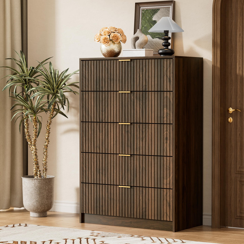 Walnut 5 Drawer Dresser, 47.2" Tall Fluted Wood Dresser