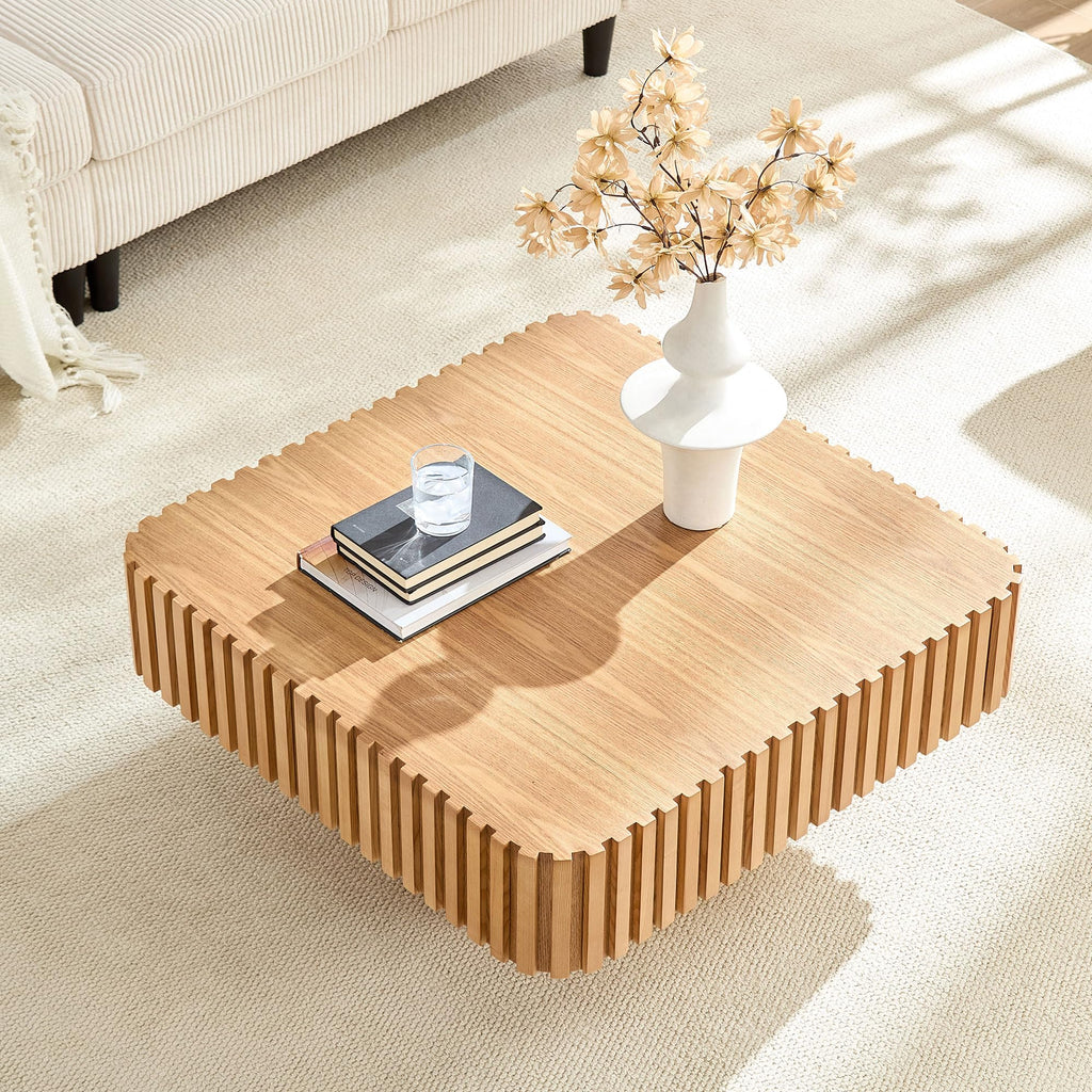 31.5" Square with Sturdy Base, Modern Luxury Wood Drum Center Table Accent End Side Table, Minimalist Fluted Design