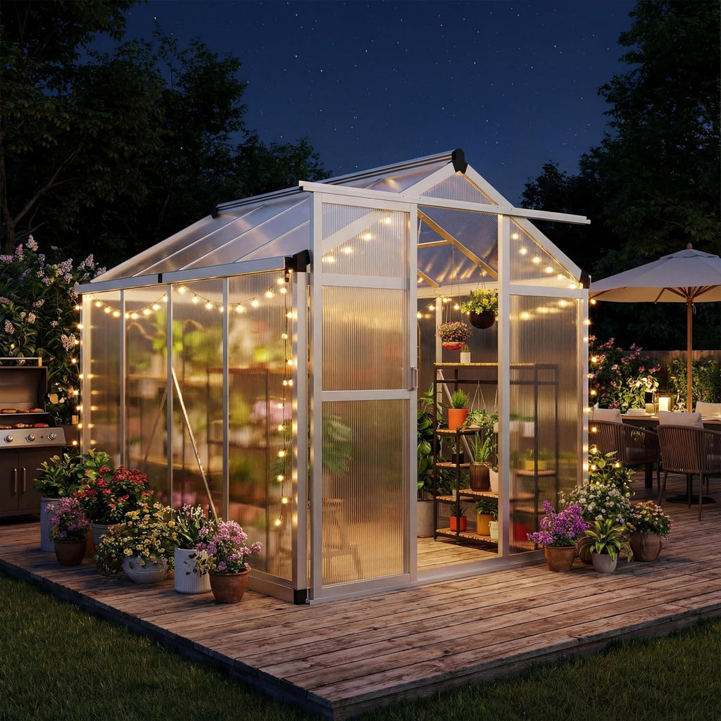 6x8ft Walk-in Greenhouse, Heavy Duty Large Outdoor Green House | Polycarbonate Garden Greenhouse with Roof Vent