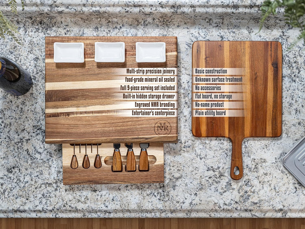 Premium Acacia Wood Charcuterie Board Set with Hidden Drawer, Cheese Board Gift Set, 2 Cheese Knives, Cheese Fork & 5