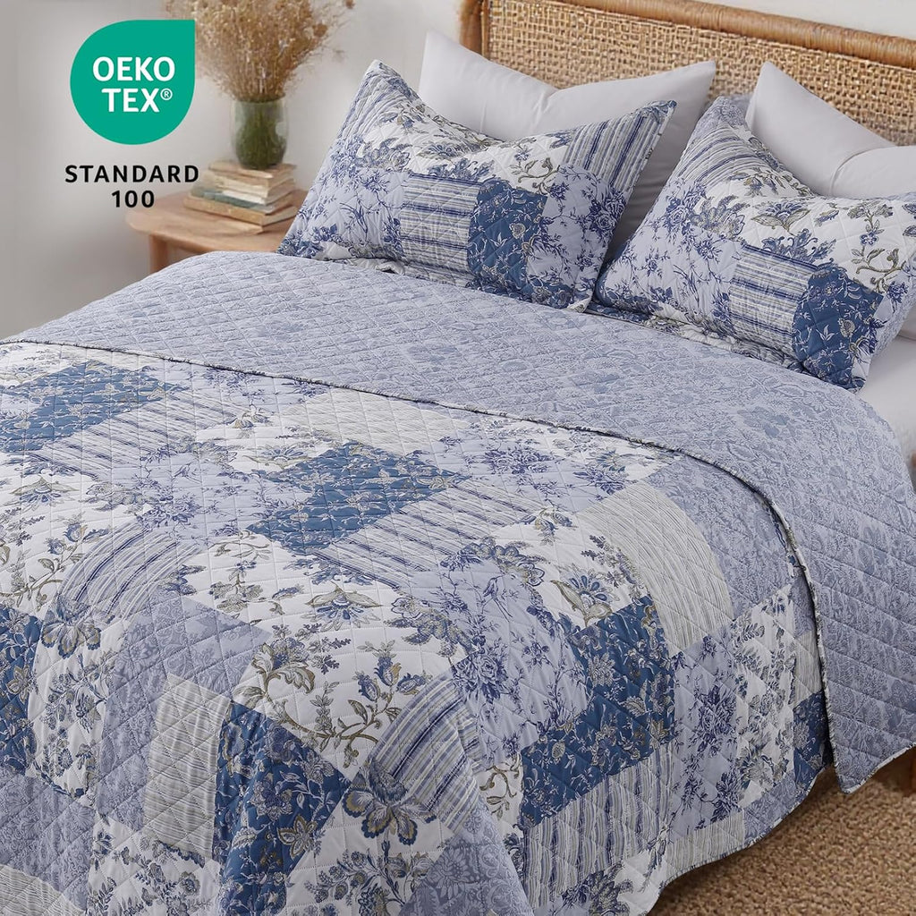 XL Queen Quilt Set 90"x96", Reversible Blue Floral Boho Queen Quilt Bedding Set, Lightweight Spring & Summer