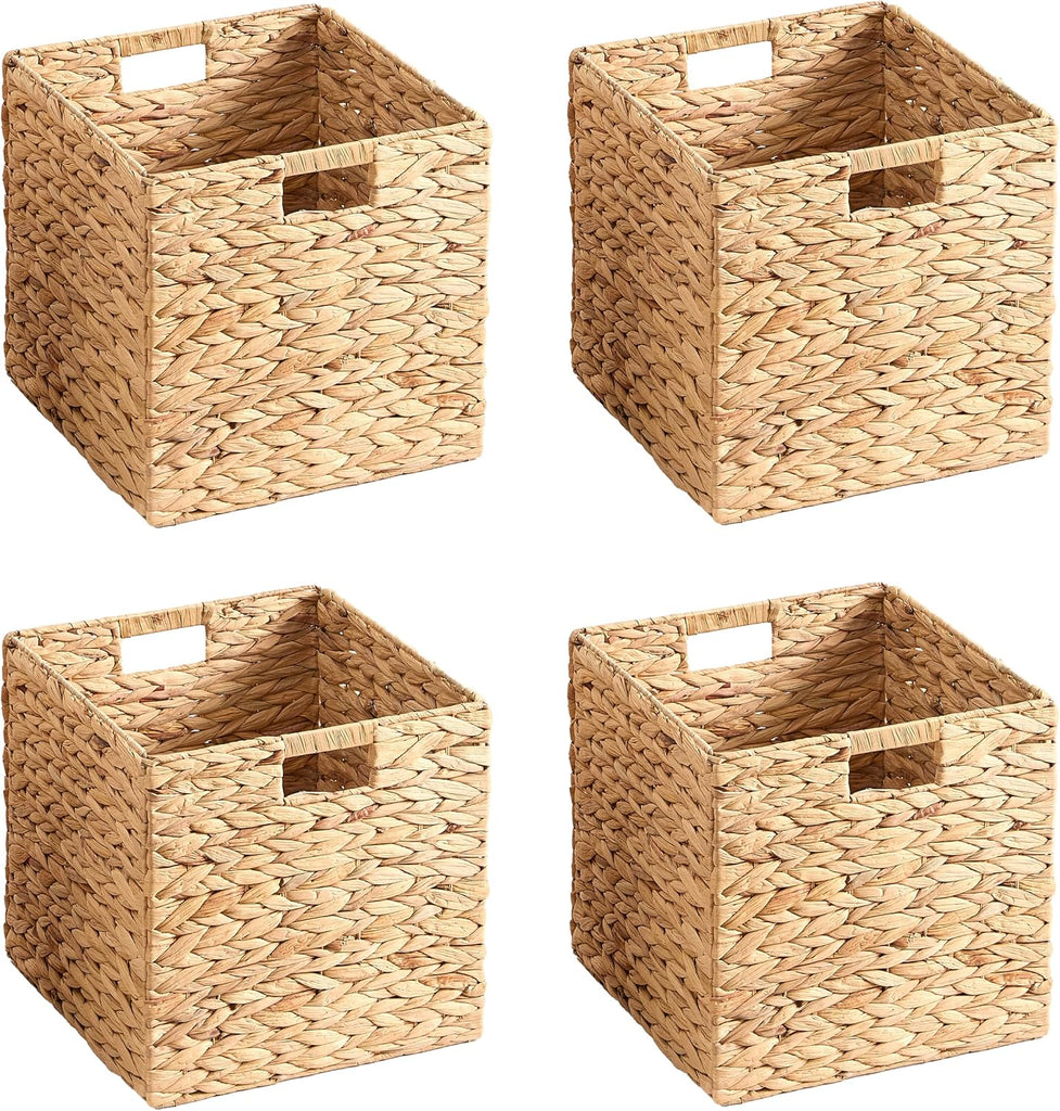 13x13x13 Wicker Storage Basket Set of 4, Water Hyacinth Woven Basket with Handles, Wicker Cube Storage Bins for