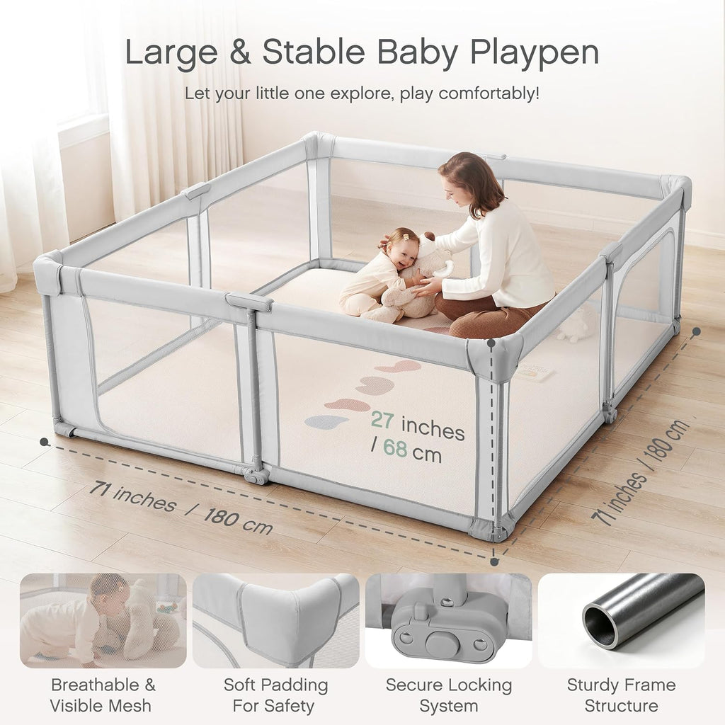 Baby Playpen, Pre-Assembled Foldable Playpen with Adult Door, 71" x 71" Large Play Yard for Babies & Toddlers