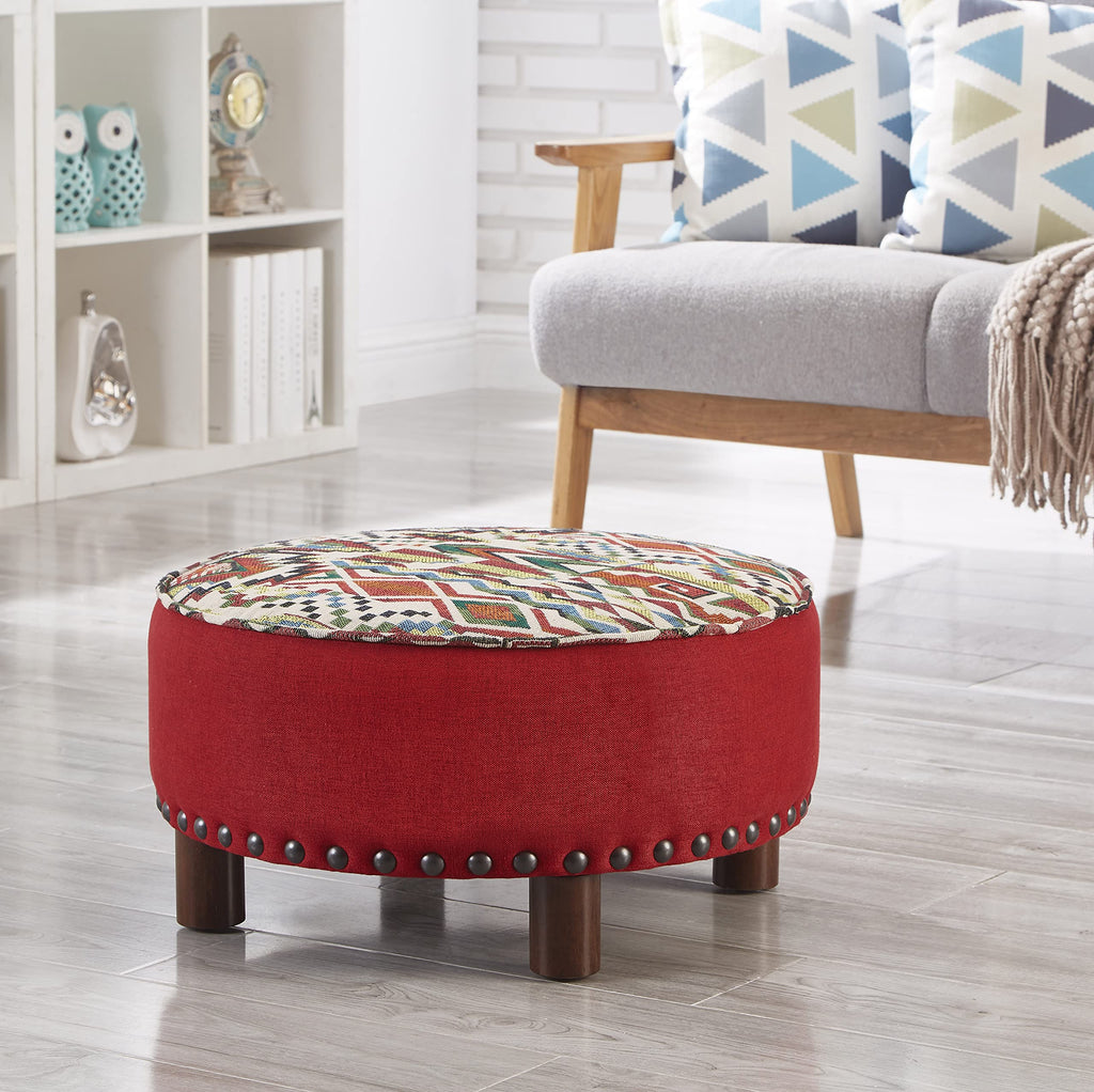 Upholstered Oversized Ottoman Modern Round Floor Seating, Dia 21.5" Geometric Red