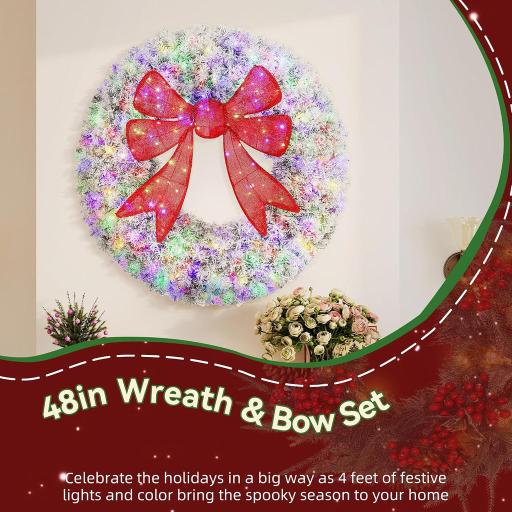 48in Flocked Pre-Lit Artificial Christmas Wreath with 3D Red Bow