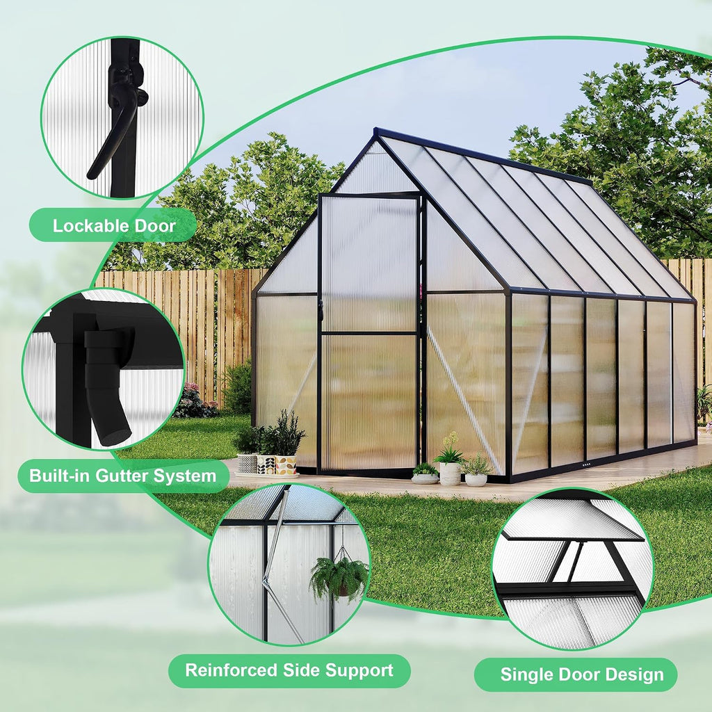 6 x 11 ft Outdoor Polycarbonate Greenhouse Kit, Heavy Duty Greenhouse with Reinforced Aluminum Frame, Adjustable Roof