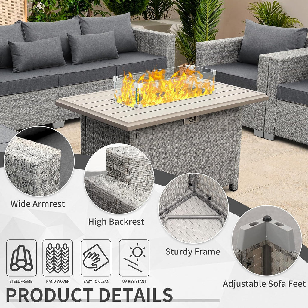 Patio Furniture Set 6 Piece PE Rattan Outdoor Conversation Sets Grey Wicker Couch Sectional Sofa with Fire Pit
