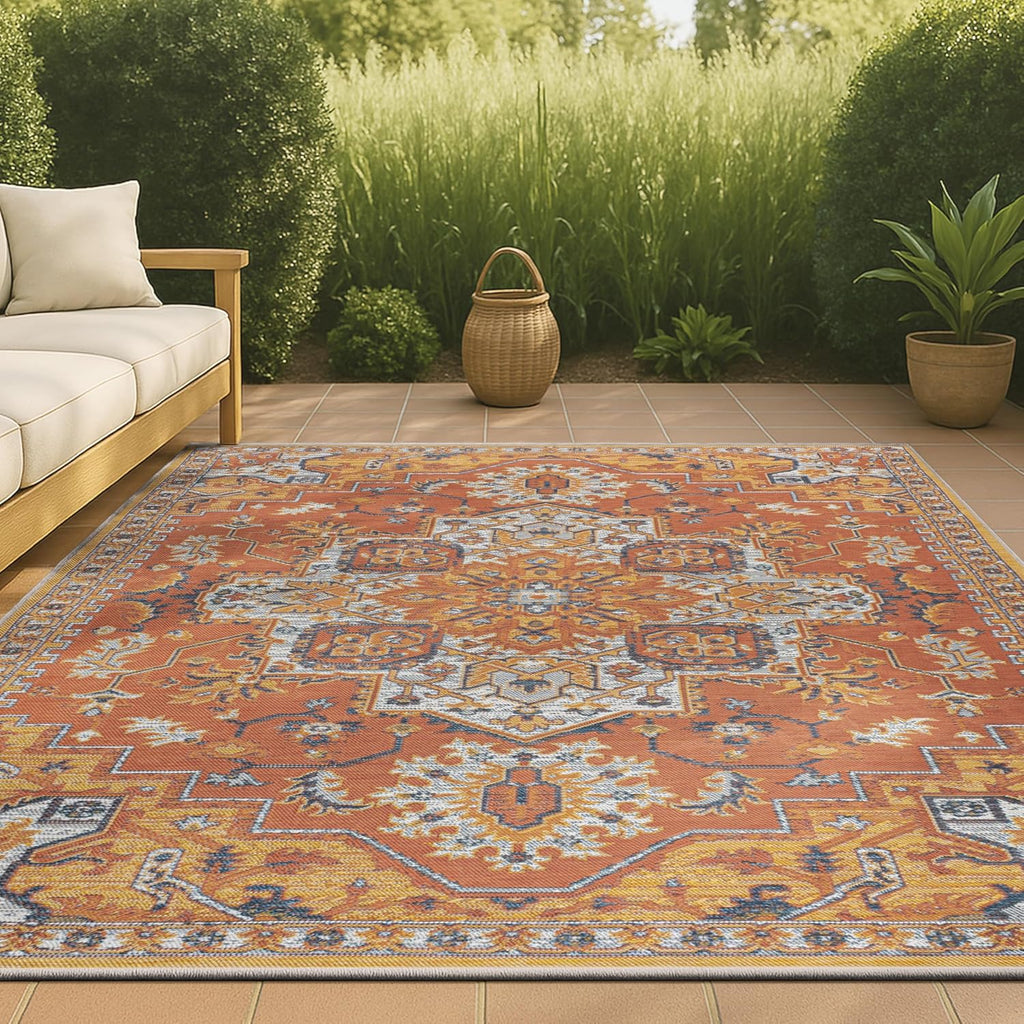 Medallion Reversible Washable Indoor Outdoor Area Rug Terra/Blue/Cream, Bijan Traditional Vintage for Backyard