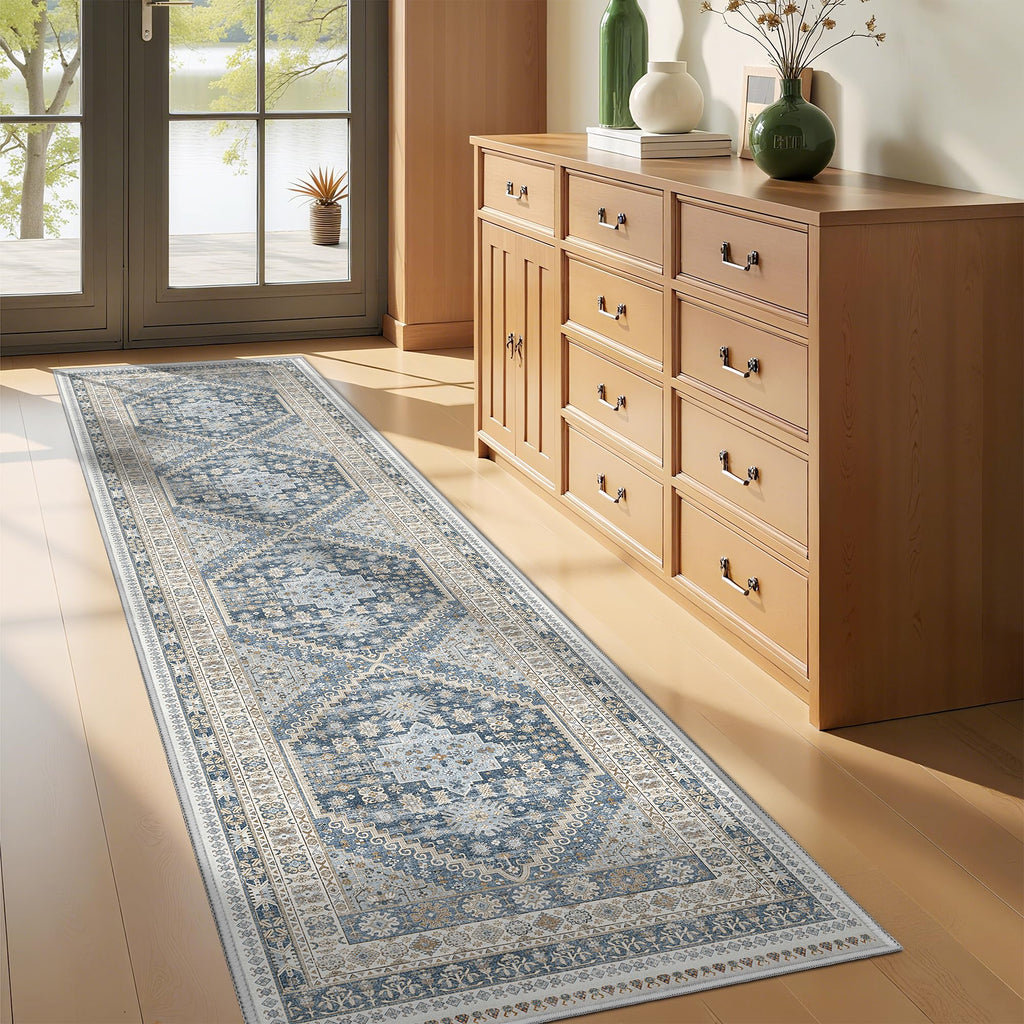 Runner Rug 2x8 Runners s Non Slip Washable, Blue/Beige