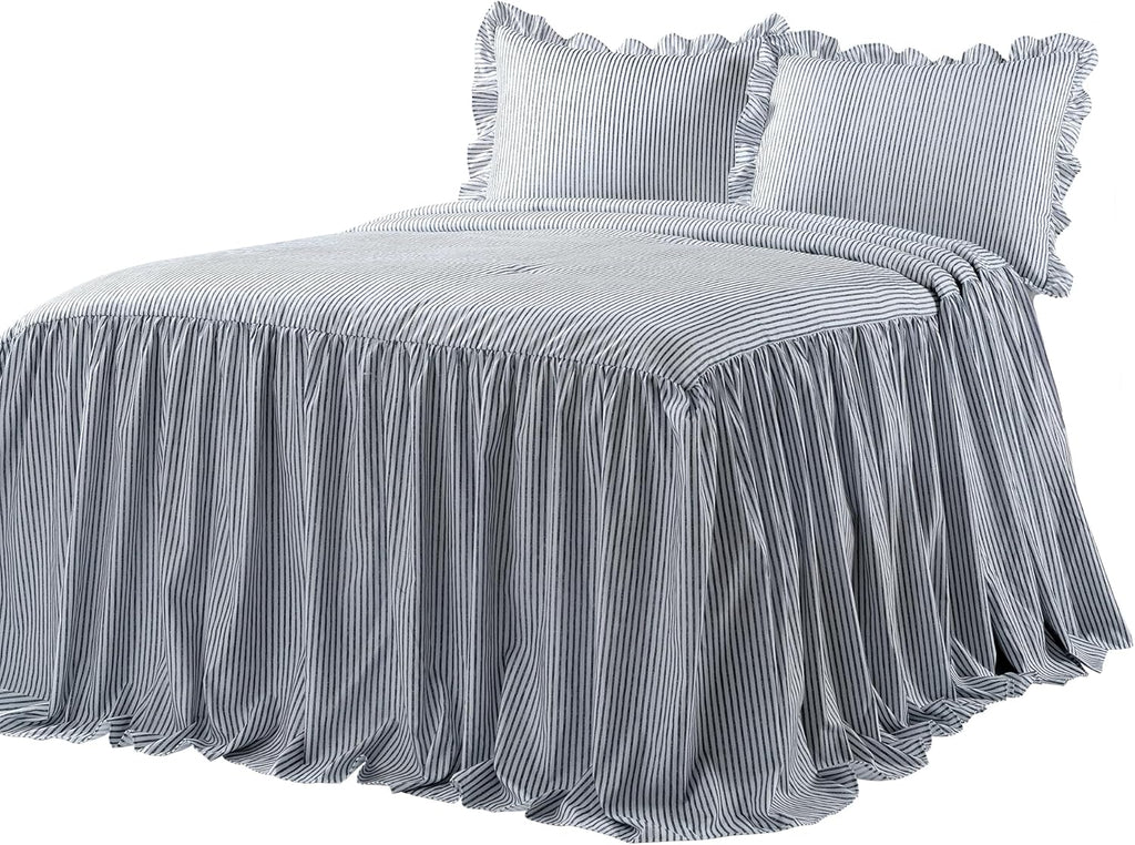 Stripe Bedspread King 3 Piece Set Navy - Ruffle Bedding Set King Bedspreads - Striped Bedding - Farmhouse &