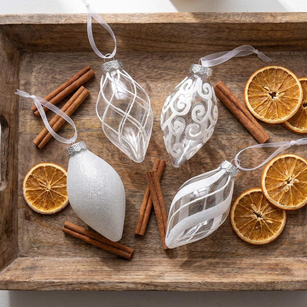White Christmas Ornaments Set for Tree Decorations, Teardrop Finial