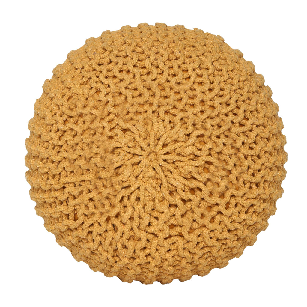 Round Pouf Ottoman - Hand Knitted Boho Poof - Mustard, Set of 2