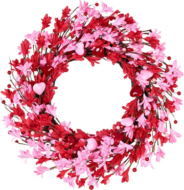 Valentine's Day Wreath 22 Inch Valentines Day Wreaths for Front Door Pink Floral Wreath with Red Love Heart Berries