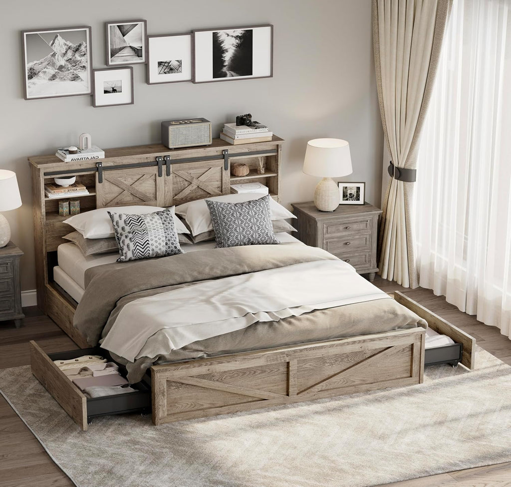 Farmhouse King Bed Frame with Sliding Barn Door Storage Headboard, LED Light and Charging Station, Wood Platform Bed