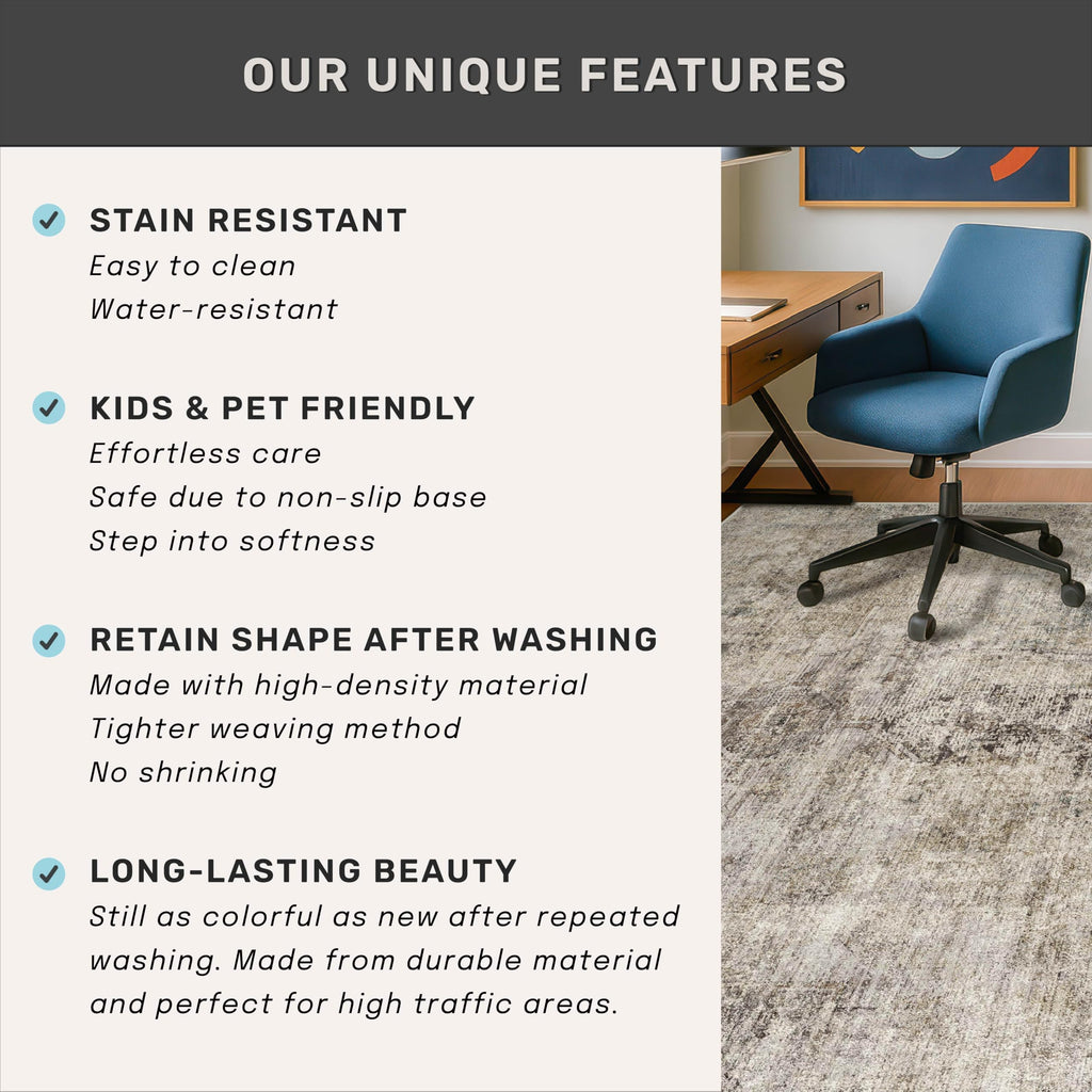 Farmhouse 8x10 Washable Area Rugs, Neutral Taupe Brown Abstract Rug, Soft Foldable Low Pile Carpet, Stain Resistant