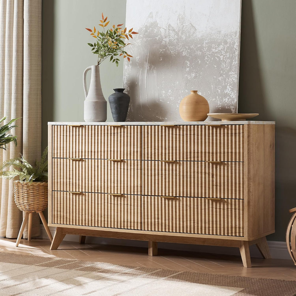 54" Wide Fluted 6 Drawer Dresser , Natural Oak | Mid Century Modern, Faux Marble Top, Curved Profile, Metal Handles
