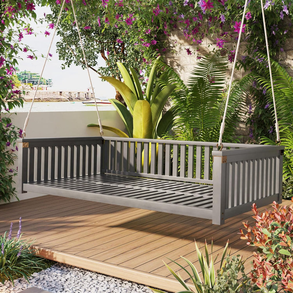 Twin Size Porch Swing Bed, Acacia Wood Hanging Daybed with Ropes for Outdoor Patio, Backyard & Garden, Heavy Duty