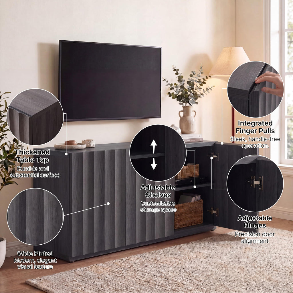 46.96" TV Stand, Fluted Mid-Century Modern 3 Doors, Charcoal Oak