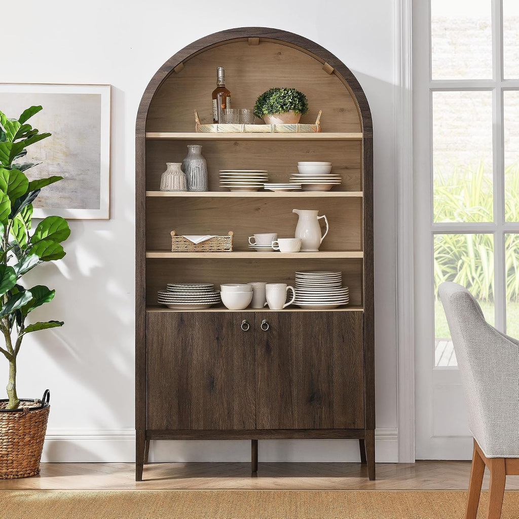 Nolan Tall Arched Storage Display Cabinet in Dark Walnut - 74 Inch Arch Bookshelf with Open and Closed Shelving