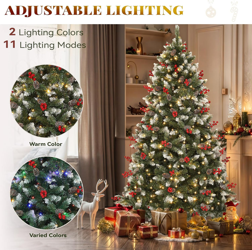 7.5ft Prelit Decorated Pine Christmas Tree w/Red Berries & Remote | Artificial Hinged Xmas Tree w/ 1398 Frosted Tips