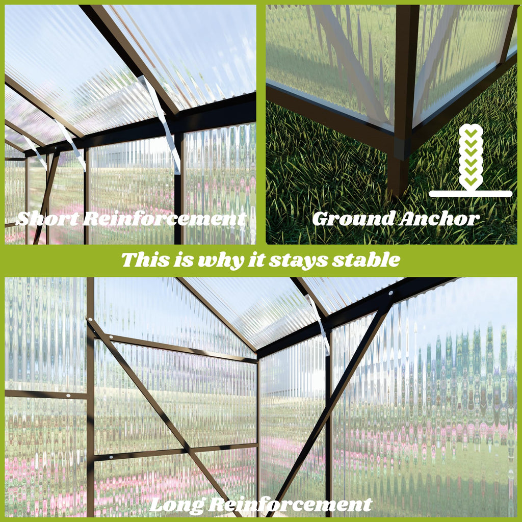 8 x 10 FT Outdoor Polycarbonate Greenhouse, Charcoal Black