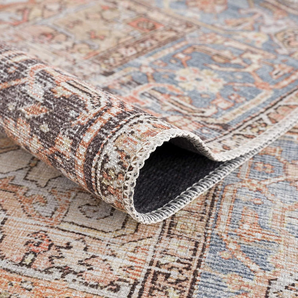 Georgia Eira Machine Washable Area Rug - Oriental Medallion Faded Style - Living Room Vintage Distressed Carpet