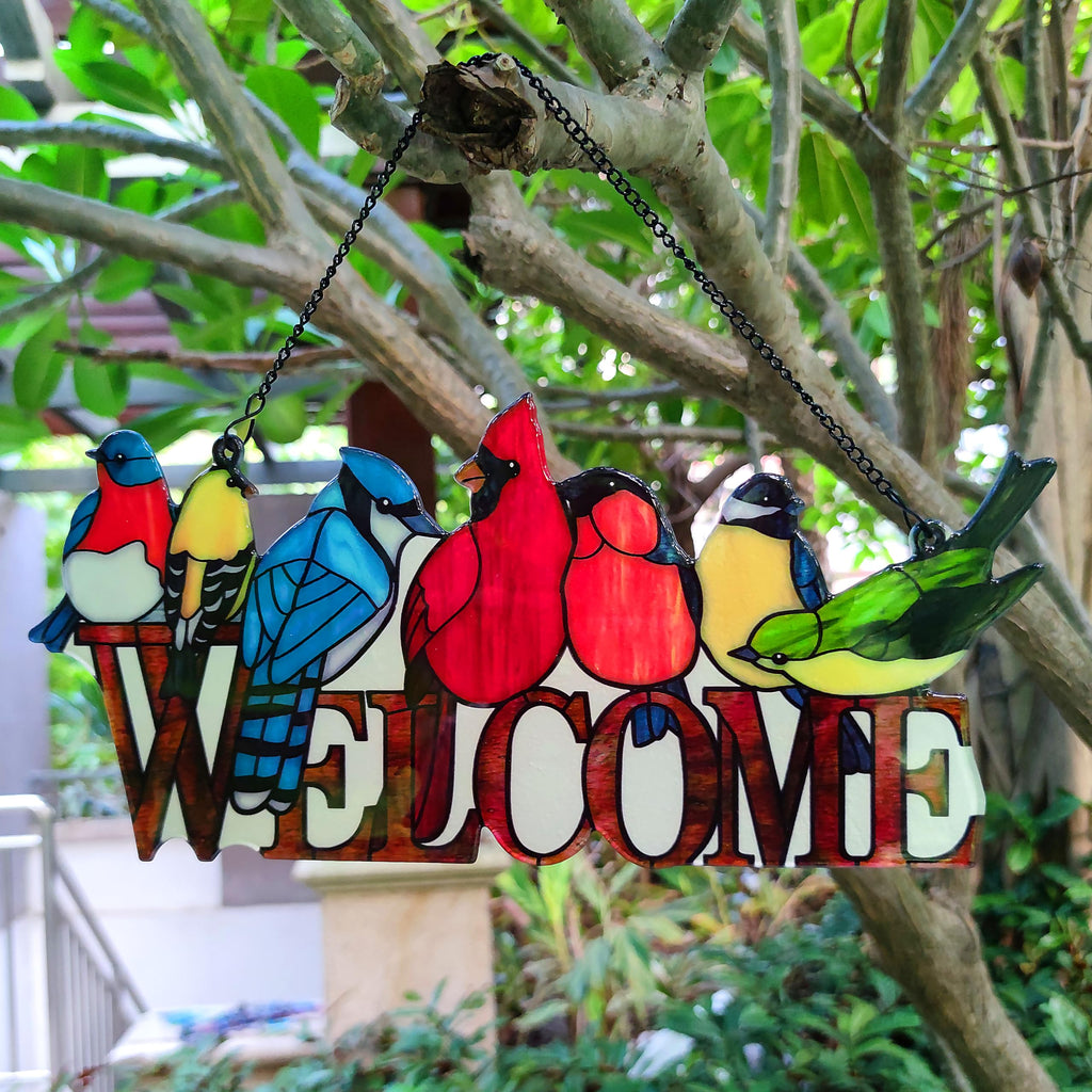 Birds On Branch Stained Glass Suncatcher Cardinal Hummingbird Kingfisher Double Side Glass Panel Window Hanging Decor