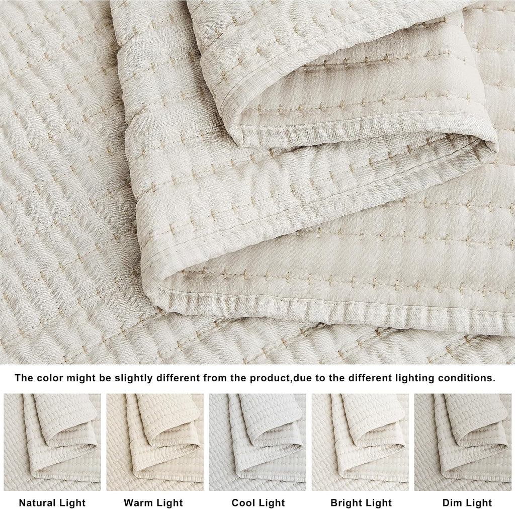 Beige Pick Stitch Oversized King Quilt Set, California King Striped Lightweight Soft Summer Spring Bedspread, Bamboo