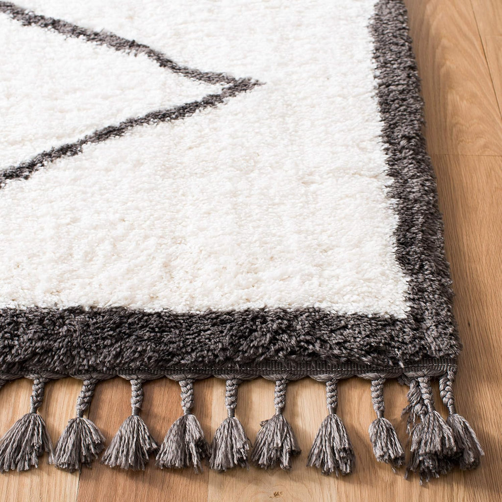 Carmella Shag Collection Runner Rug - 2'2" x 8', Cream & Grey, Moroccan Tassel Design, Non-Shedding & Easy Care