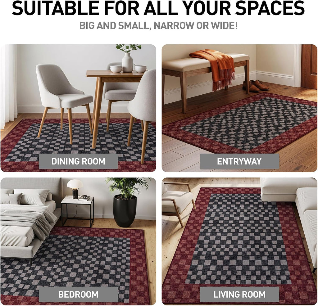 Checkerboard Washable Non-Slip Area Rug, Dark Gray/Red