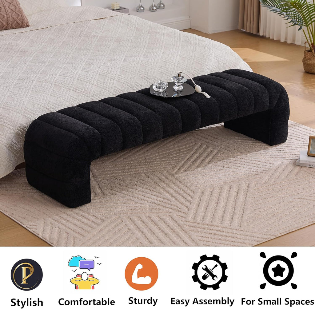 Arched Ottoman Bench Living Room,69.7" Chenille Long Benches for Bed End King Size,Modern Channel Tufted Seating