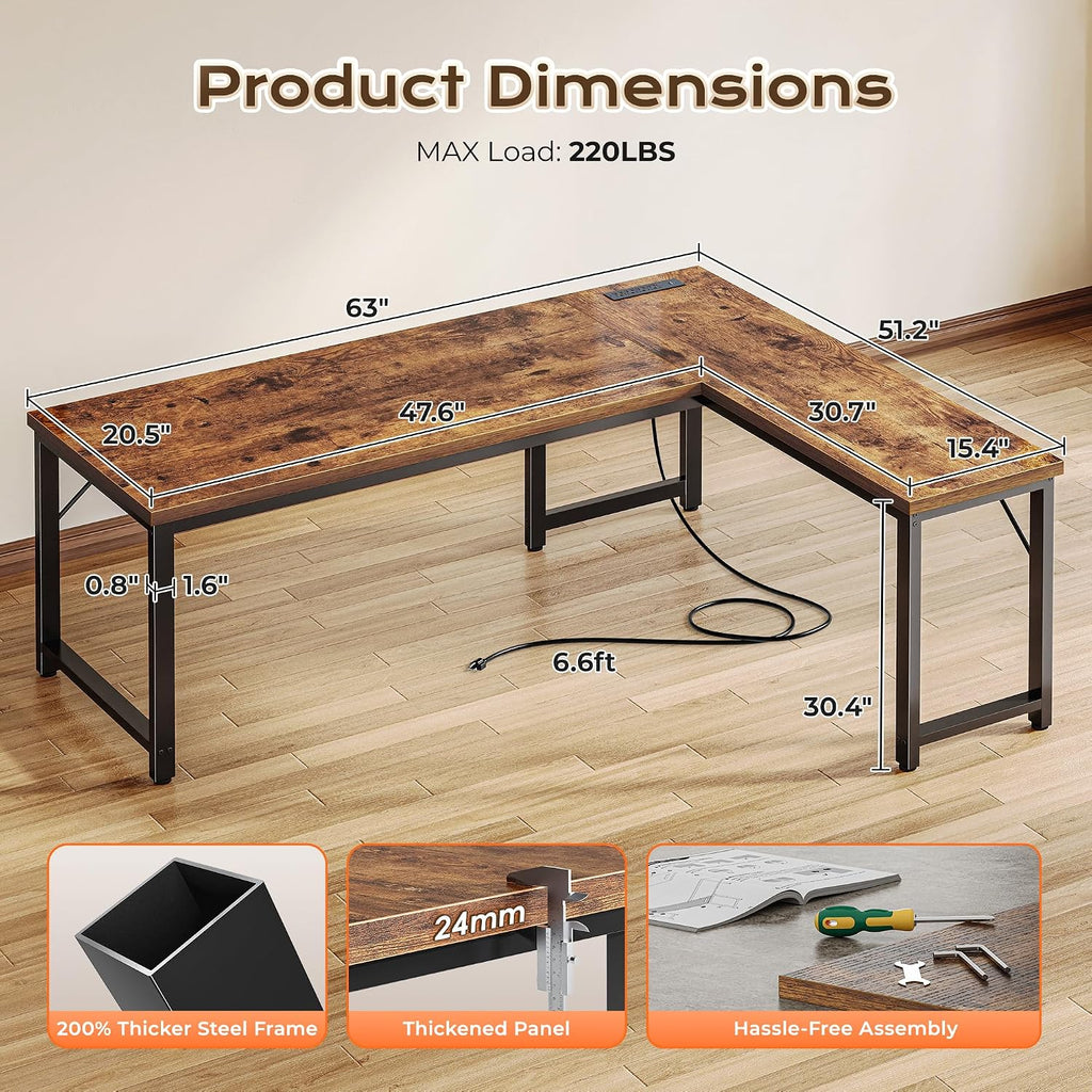 63 Inch L Shaped Desk with Power Outlets & 0.95 Inch Thicker Desktop | Reversible Computer Desk, Larger Office Corner