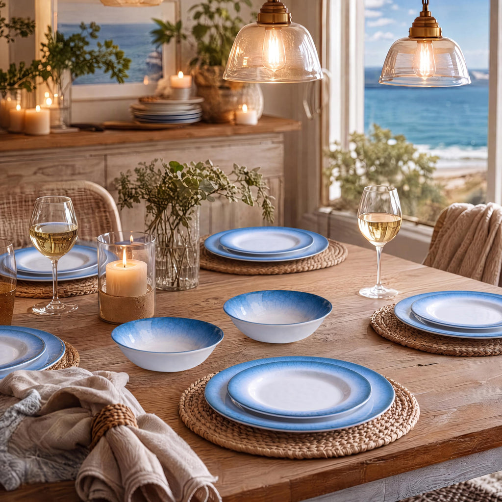 12pcs Melamine Dinnerware Set, Blue Crackle Plates and Bowls Set
