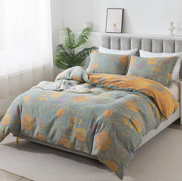 Flower 3Pcs Duvet Cover Set, 100% Double Layer Washed Cotton Gauze Lightweight Soft Breathable Farmhouse Floral