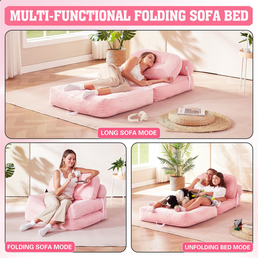 Folding Futon Sleeper Sofa Bed Chair, No Assembly, Pink 5