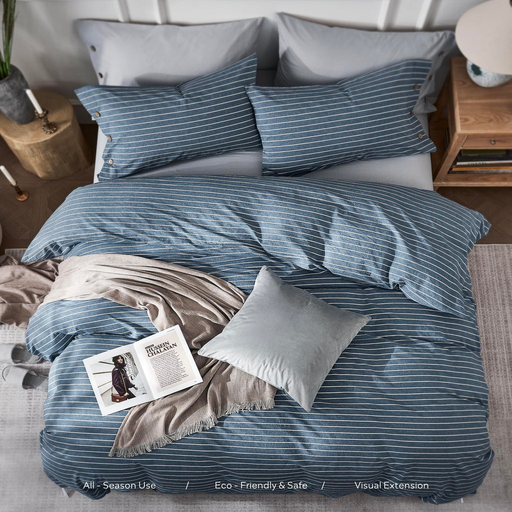 100% Washed Cotton Striped Duvet Cover Set, Linen-Like