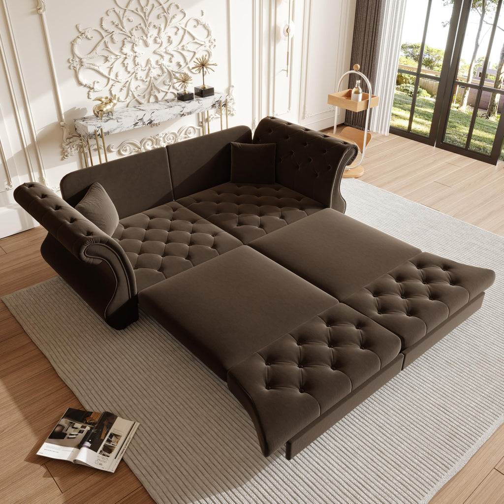 Sleeper Sofa Bed 83.6", Velvet Pull Out Couch, Chesterfield Sofa, Brown