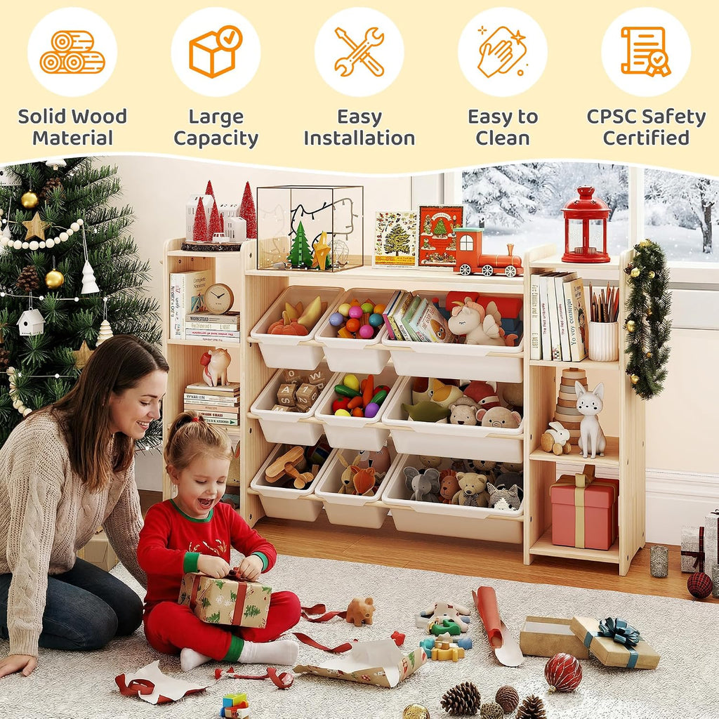 Toy Storage Organizer, Kids Bookshelf with 6 Shelves, 9 Toy Bins & 6 Hooks | Toy Shelf, Storage Bin Unit, Toy